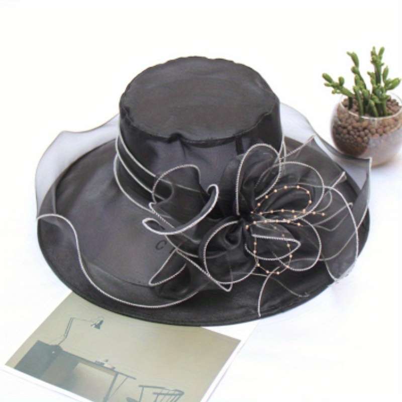 1pc Wide Brim Organza Sun Hat Elegant Mesh Breathable Derby Church Hat Flower Decor Foldable Travel