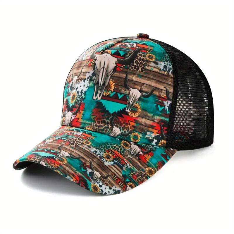 1pc Stylish Bull Head Floral Print Baseball Cap with Ponytail Hole Breathable Mesh Back Adjust