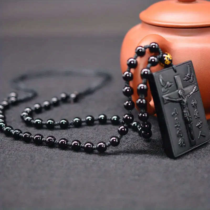 Unisex Obsidian Cross Pendant Necklace