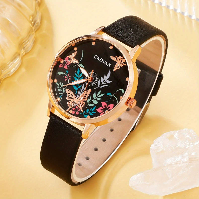 1pc Women's Elegant Butterfly Quartz Watch Rose Golden Case Black Synthetic Leather Strap Colorful F