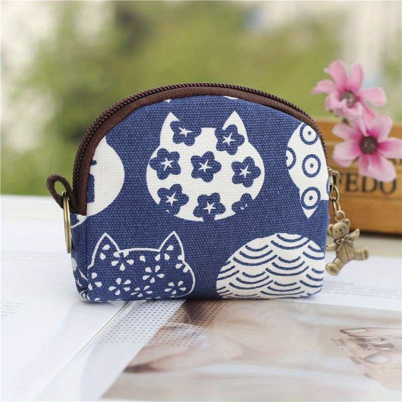 1pc Japanese Style Coin Purse Zipper Around Storage Bag Mini Wallet with Keychain