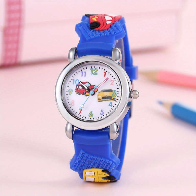 1pc Boys Girls Teen Cute Car Print Round Dial Quartz Watch For Gift Daily Life Color sent randomly