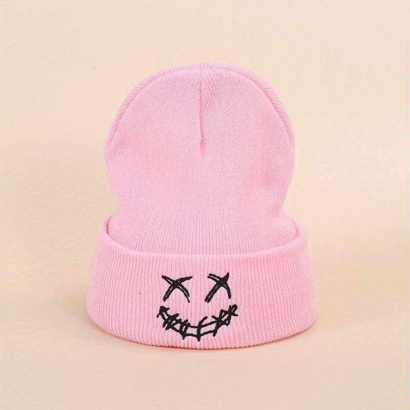 1pc Acrylic Knit Beanie with Embroidered joyful Design Casual Warm Ski Hat for Men Women and Te