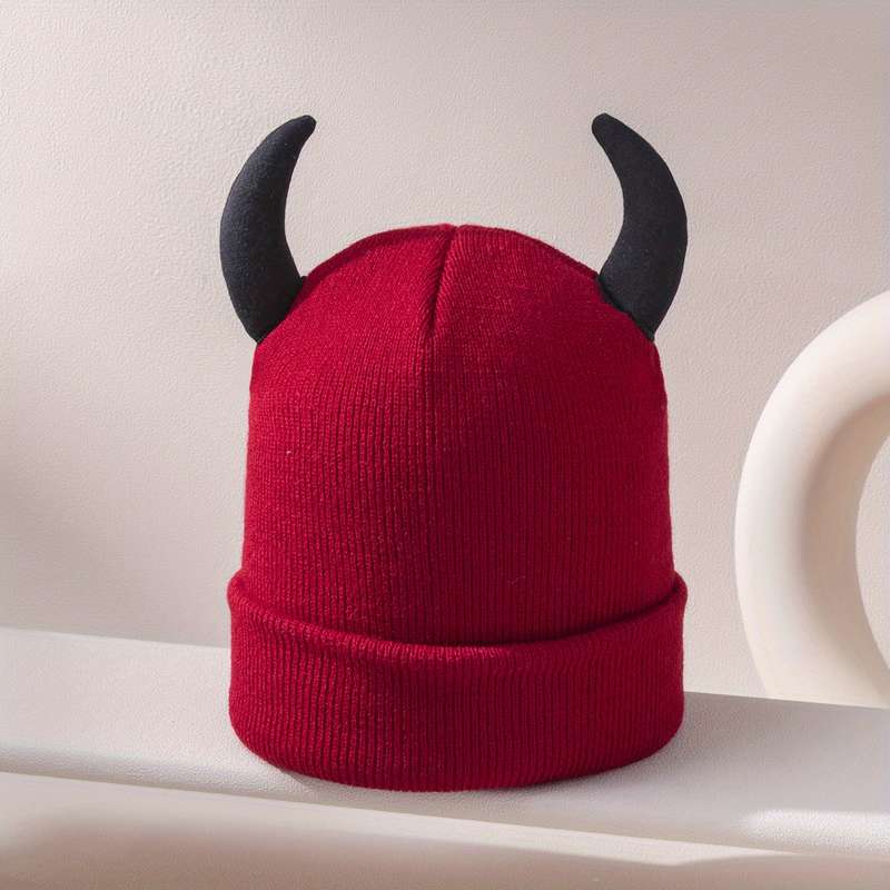 1pc Playful Design Trendy Knit Beanie with Cute Horns Soft Acrylic Elastic Fit Lightweight W