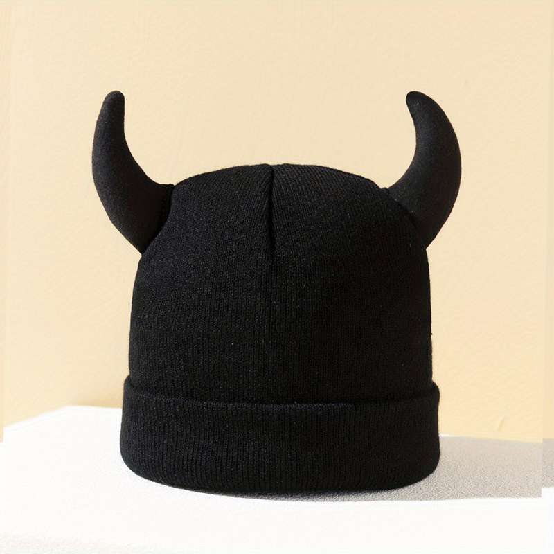 1pc Playful Design Trendy Knit Beanie with Cute Horns Soft Acrylic Elastic Fit Lightweight W