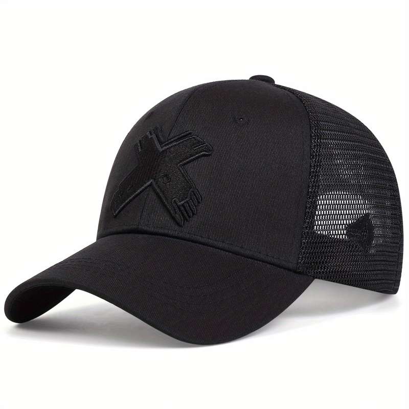 1pc Adjustable Women's Black Trucker Hat with Red Geometric Embroidery Breathable Mesh Back Sun-