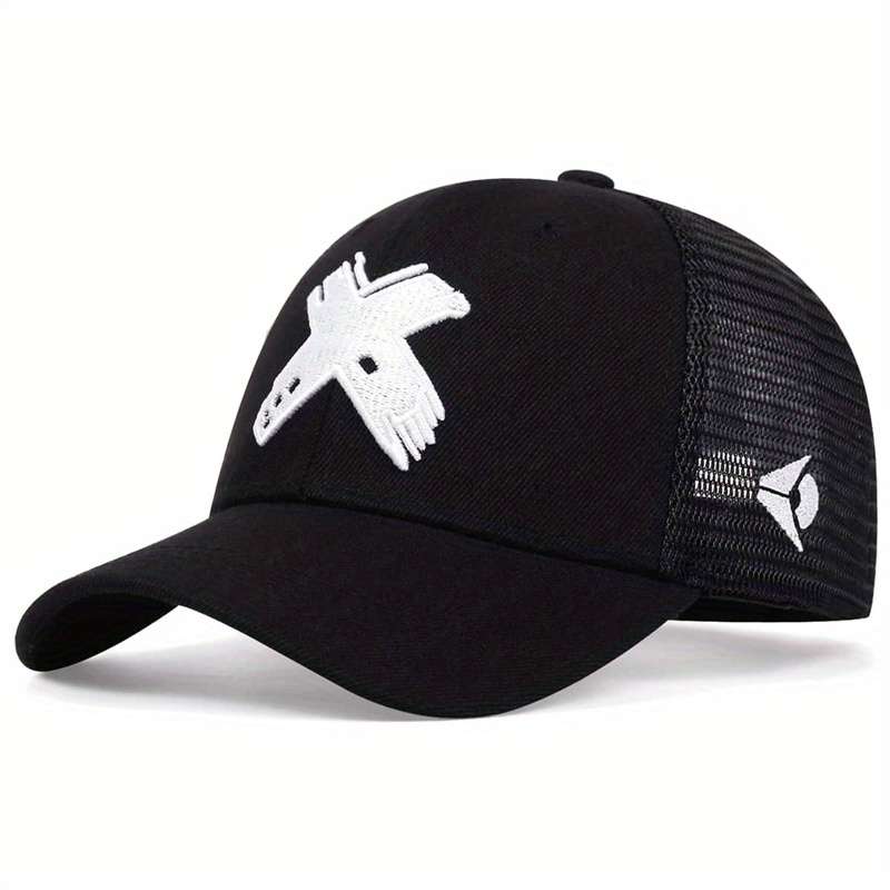 1pc Adjustable Women's Black Trucker Hat with Red Geometric Embroidery Breathable Mesh Back Sun-
