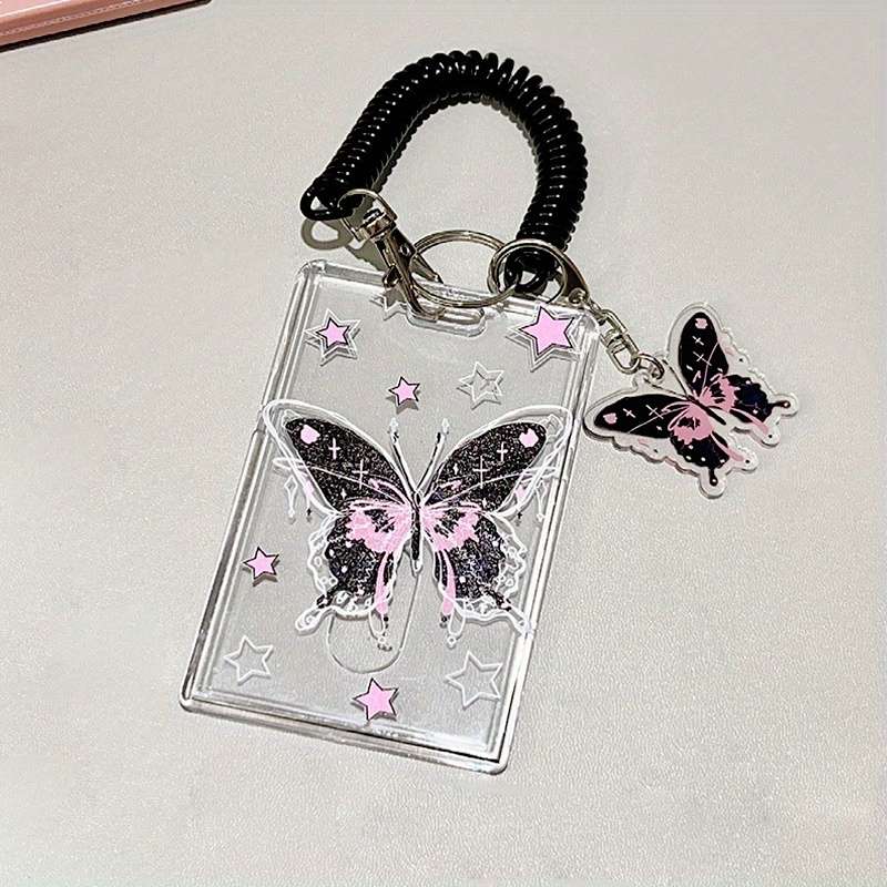 1pc Y2K-Inspired Butterfly Design Transparent ID Card Holder with Keychain Durable Plastic Anti-