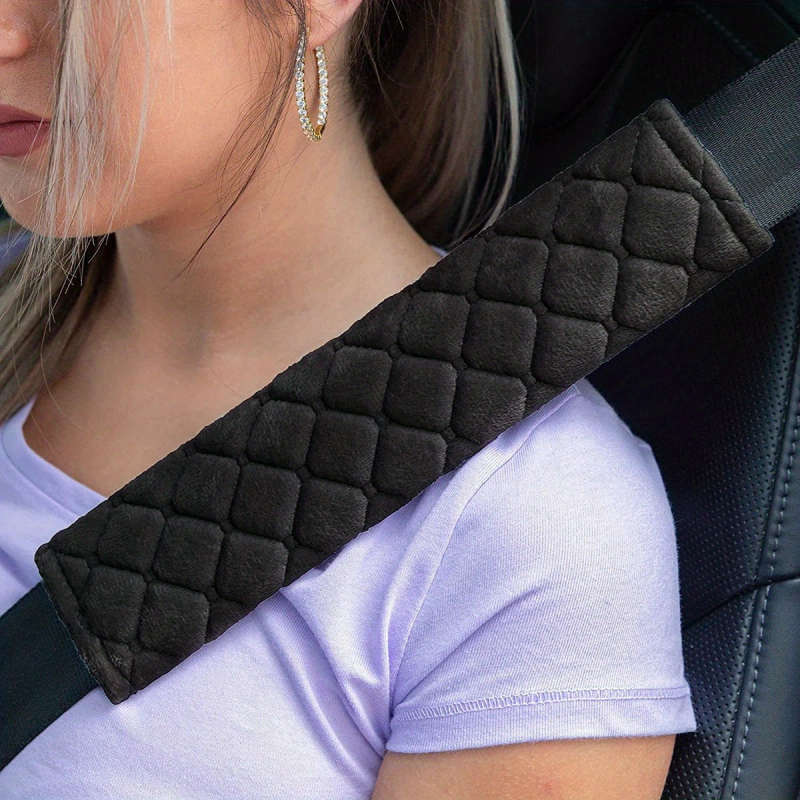 1pc Argyle Pattern Plush Car Seat Belt Cover Solid Color Safety Belt Cover Durable Travel Accessorie