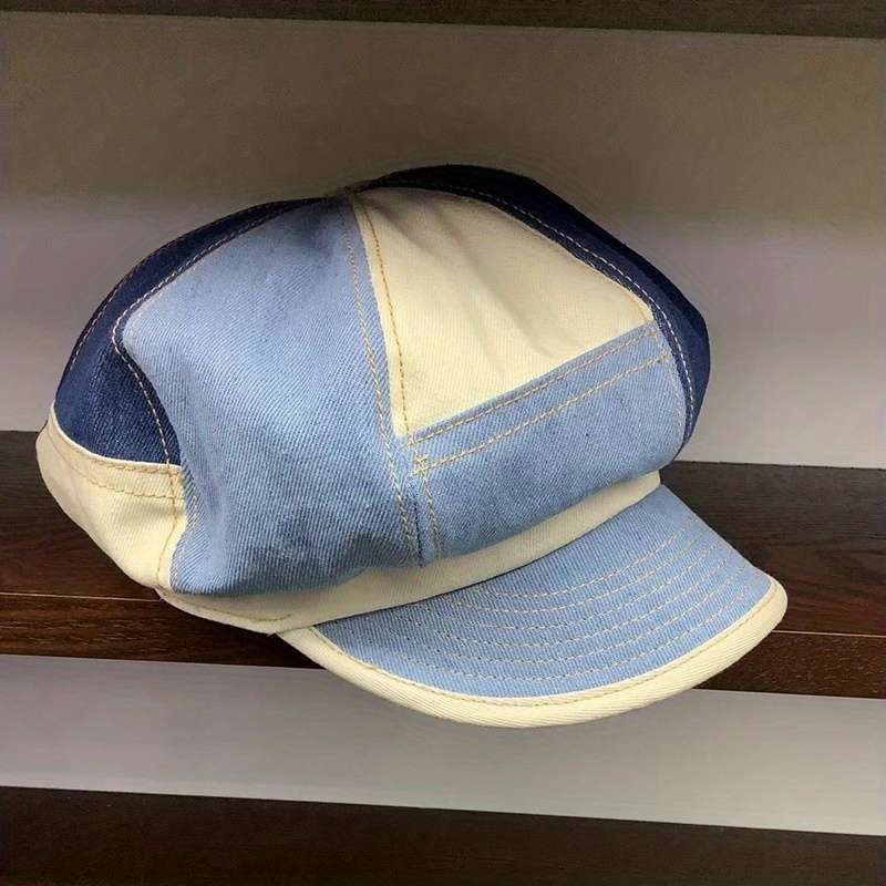 1pc Blue Denim Patchwork Newsboy Hat Classic 8 Panels Newsboy Cap Cabbie Hats Unisex Octagonal Cap