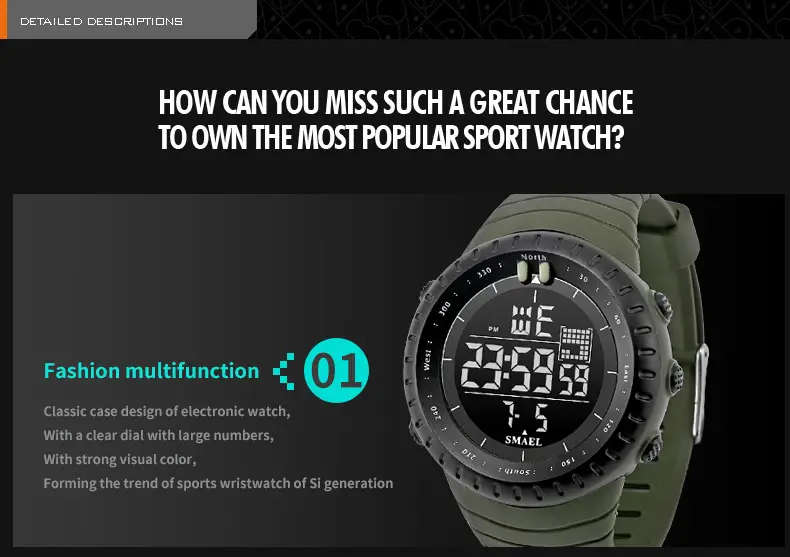  sports led electronic watch luminous alarm digital wrist watch for outdoor camping hiking travel details 8