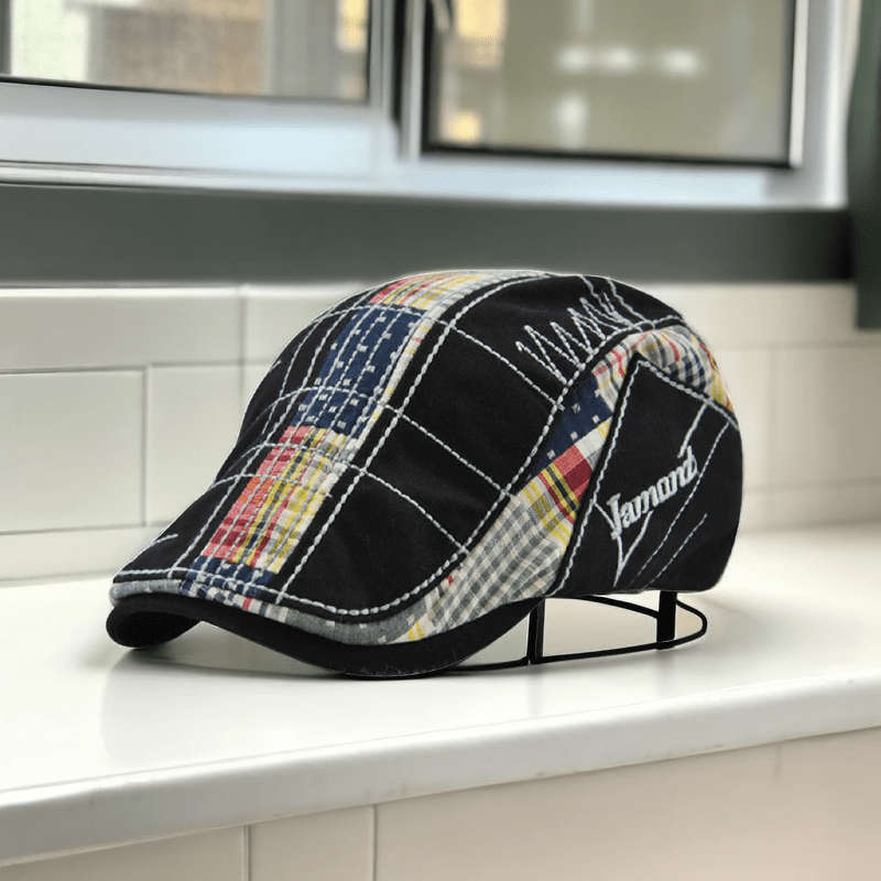 1pc Casual Plaid Stitching Irregular Embroidery Beret For Outdoor Sunshade Hat Christmas Gift