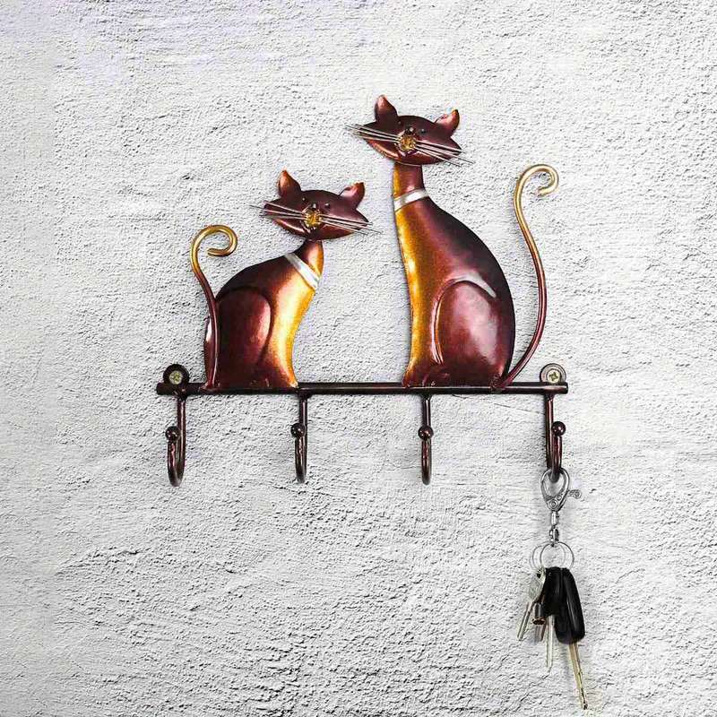 1pc Wall Cat Key Storage Hook Rack With 4 Hooks Iron Art Painting Decorative Hooks For Bags Clothe