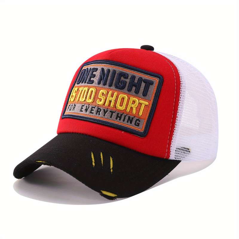 1pc Trendy Embroidery Patch Baseball Cap Classic Color Block Mesh Trucker Hat Breathable Adjustable