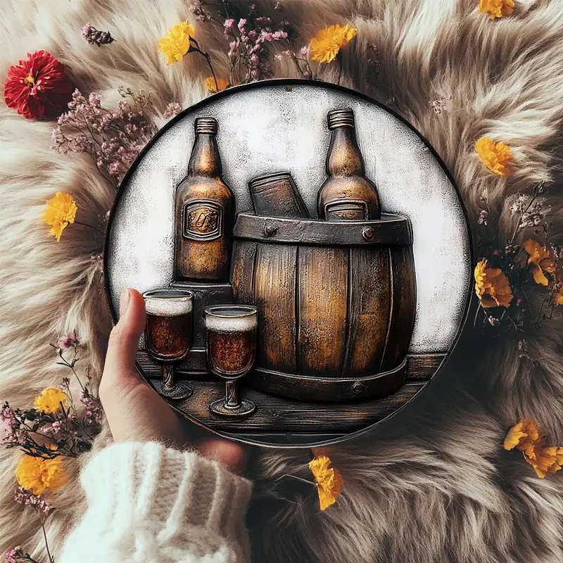 1pc Vintage Barrel and Glass Illustration 20.32x20.32cm Aluminum Sign Wall Hanging Metal Plaque with