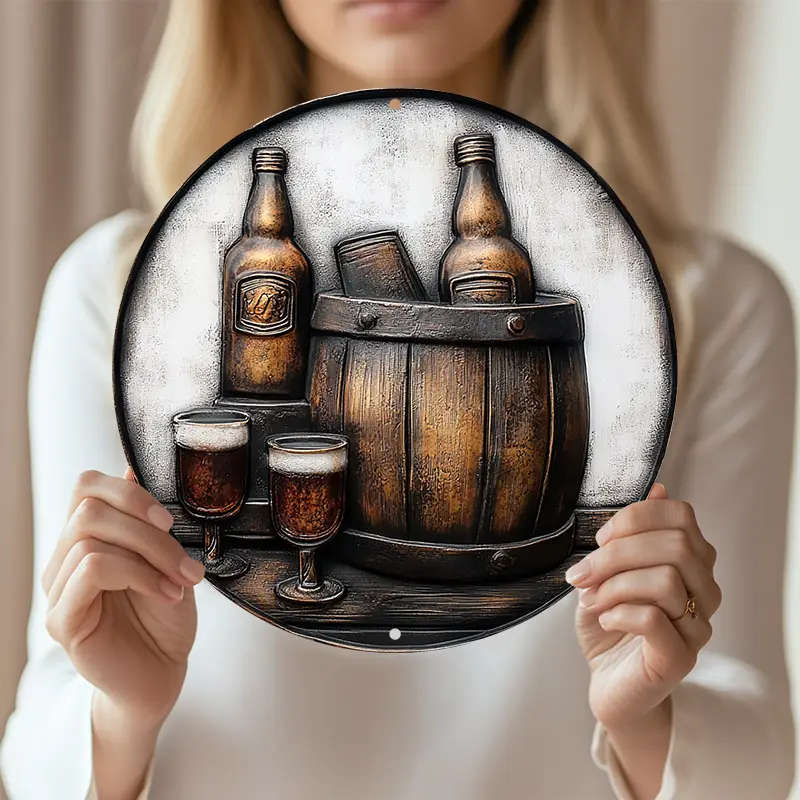 1pc Vintage Barrel and Glass Illustration 20.32x20.32cm Aluminum Sign Wall Hanging Metal Plaque with