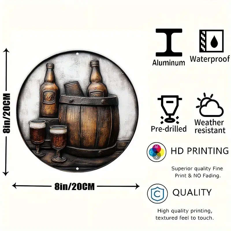 1pc Vintage Barrel and Glass Illustration 20.32x20.32cm Aluminum Sign Wall Hanging Metal Plaque with