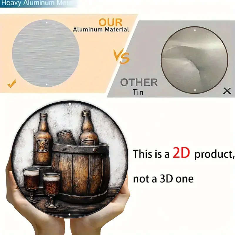 1pc Vintage Barrel and Glass Illustration 20.32x20.32cm Aluminum Sign Wall Hanging Metal Plaque with