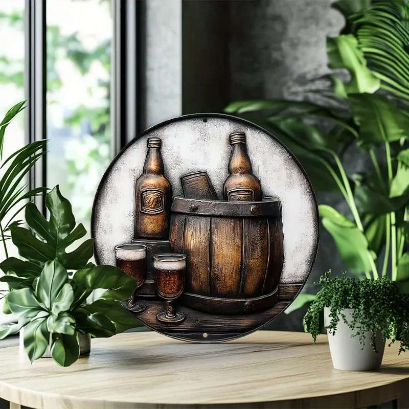 1pc Vintage Barrel and Glass Illustration 20.32x20.32cm Aluminum Sign Wall Hanging Metal Plaque with