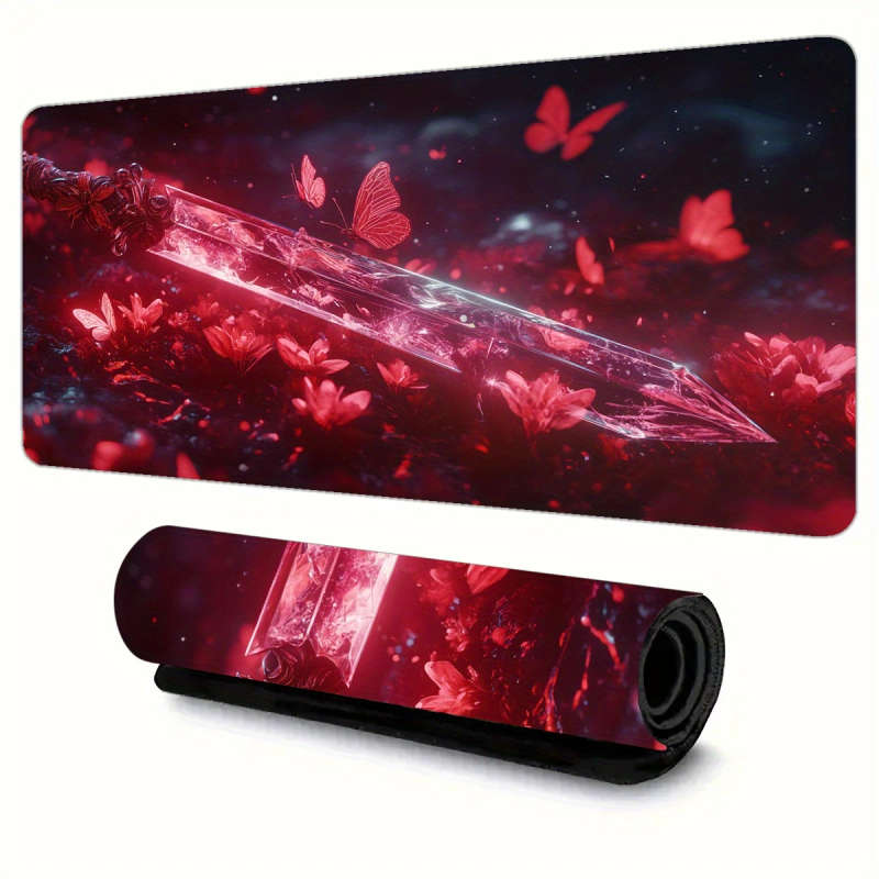 1pc 30x80cm Red Crystal Sword Butterflies Gaming Desk Mat Premium Non-Slip Washable Surface