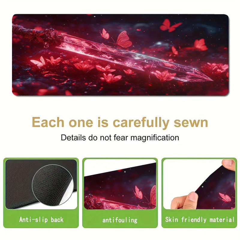 1pc 30x80cm Red Crystal Sword Butterflies Gaming Desk Mat Premium Non-Slip Washable Surface