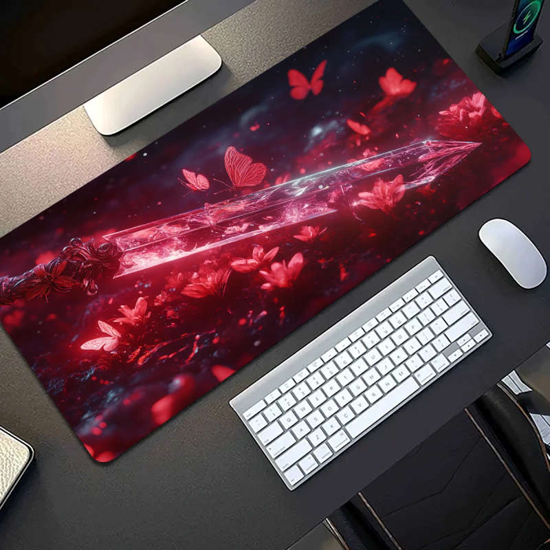 1pc 30x80cm Red Crystal Sword Butterflies Gaming Desk Mat Premium Non-Slip Washable Surface