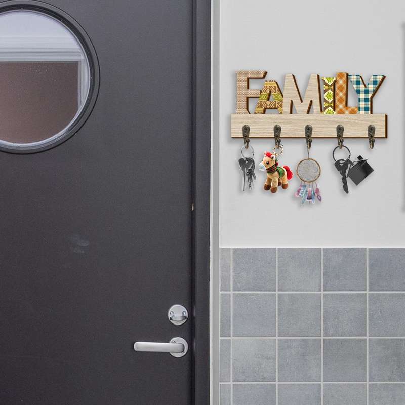 1pc Wooden Wall-Mounted Key Holder with Decorative Metal Hooks  FAMILY MessageEasy Install Ent