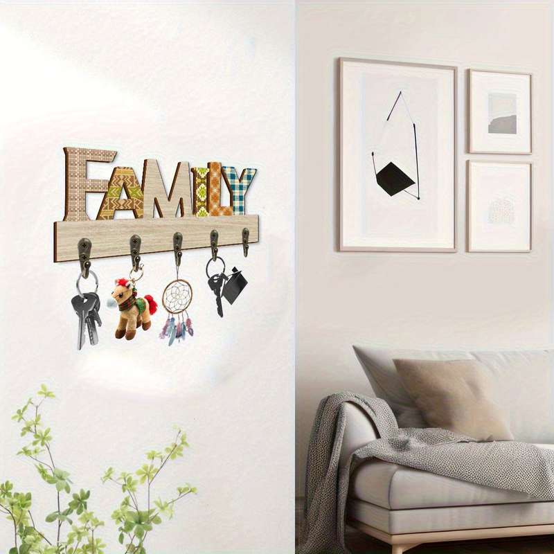 1pc Wooden Wall-Mounted Key Holder with Decorative Metal Hooks  FAMILY MessageEasy Install Ent