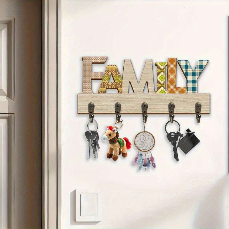 1pc Wooden Wall-Mounted Key Holder with Decorative Metal Hooks  FAMILY MessageEasy Install Ent
