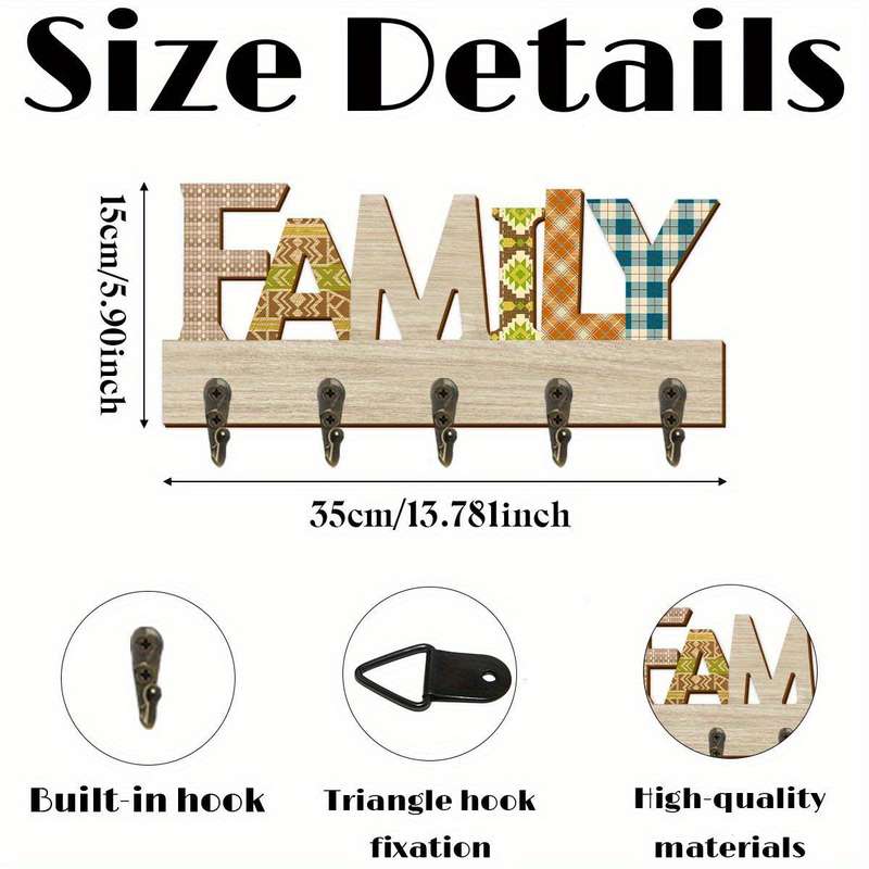 1pc Wooden Wall-Mounted Key Holder with Decorative Metal Hooks  FAMILY MessageEasy Install Ent