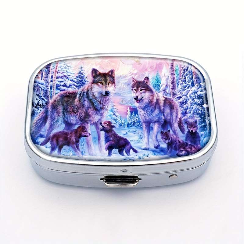 1pc Wolf Family themed mini pill box double compartment design portable travel pill storage b