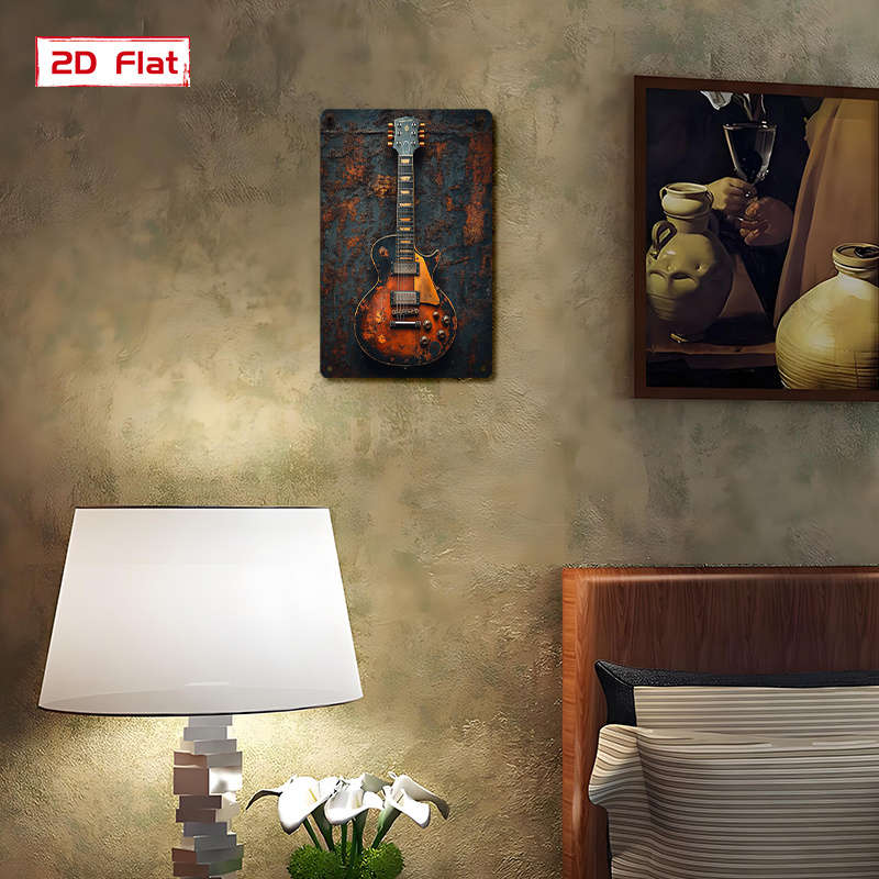 1pc  Vintage Electric Guitar Metal Tin Sign 20.32x30.48 cm Retro Wall Art Decor Pre-Drilled Ha