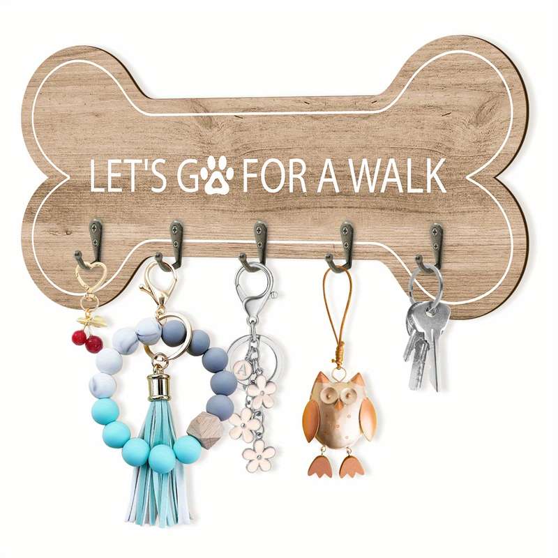 1pc Wooden Bone-Shaped Key Rack Wall Decor with 5 Hooks "LetS Go For A Walk". Ideal Gift for Dog L