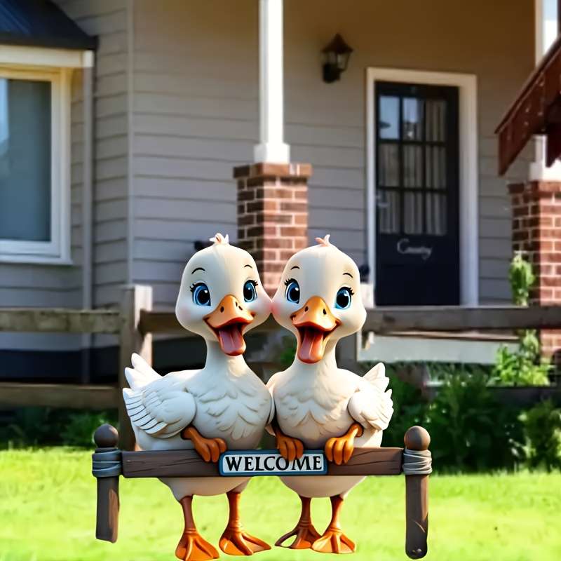 1pc 2D Flat  Acrylic Garden Decor Adorable Cartoon Ducks Welcome Sign Durable Plastic Animal Gard