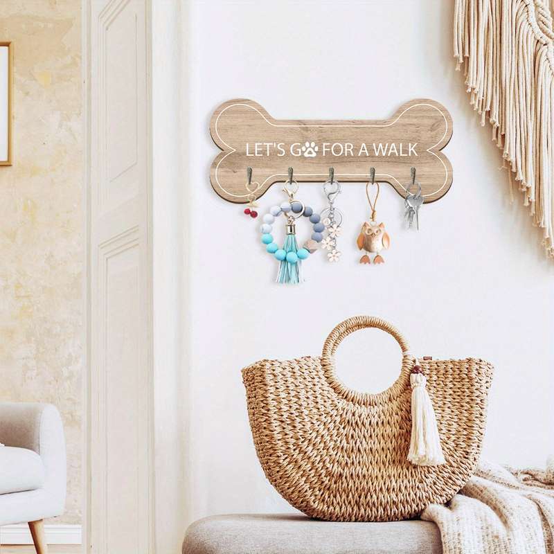 1pc Wooden Bone-Shaped Key Rack Wall Decor with 5 Hooks "LetS Go For A Walk". Ideal Gift for Dog L