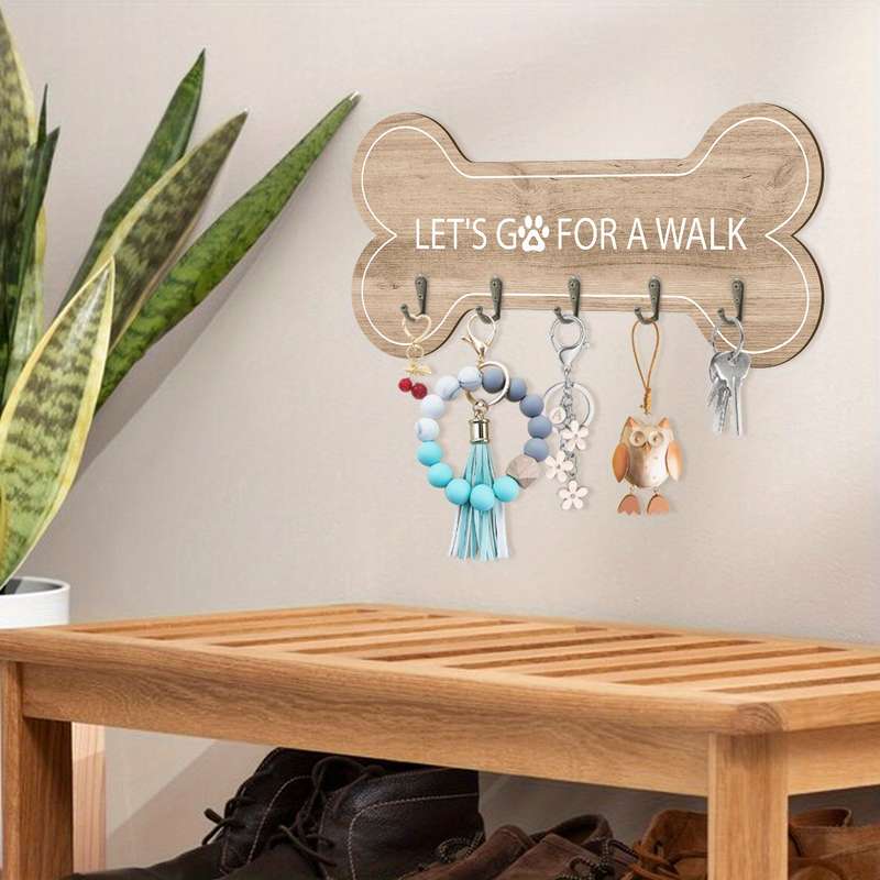 1pc Wooden Bone-Shaped Key Rack Wall Decor with 5 Hooks "LetS Go For A Walk". Ideal Gift for Dog L