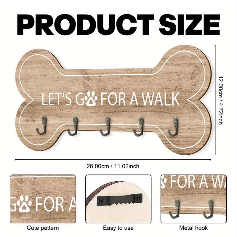 1pc Wooden Bone-Shaped Key Rack Wall Decor with 5 Hooks "LetS Go For A Walk". Ideal Gift for Dog L