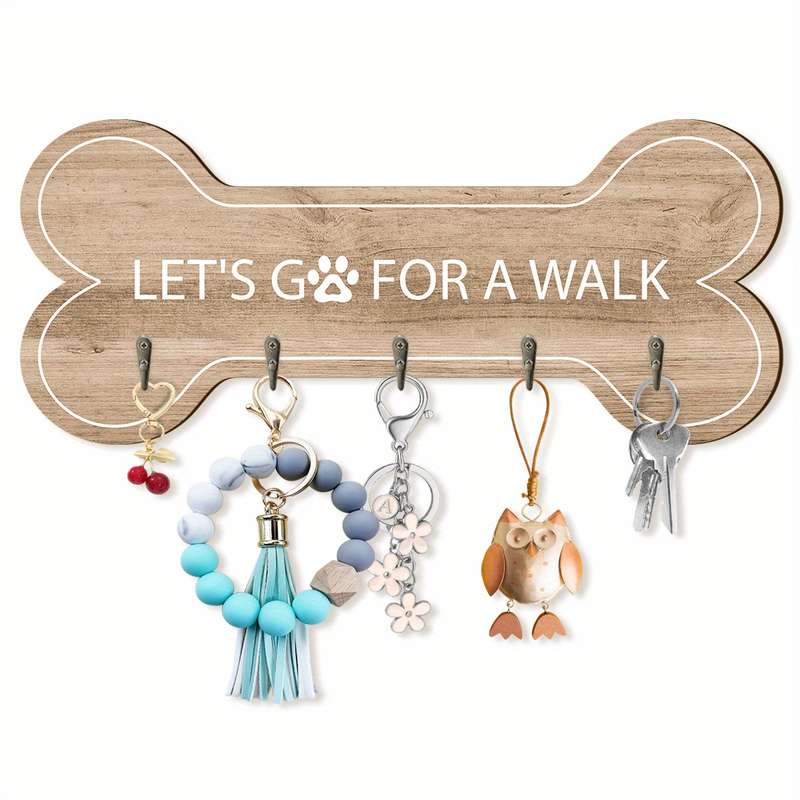 1pc Wooden Bone-Shaped Key Rack Wall Decor with 5 Hooks "LetS Go For A Walk". Ideal Gift for Dog L