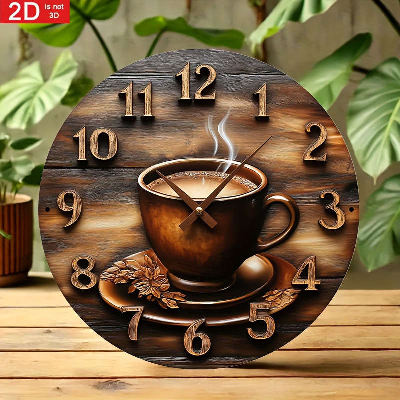 1pc 2D Flat Rustic Wooden Wall Clock with Coffee Cup Design Classic Vintage Style Not real clock
