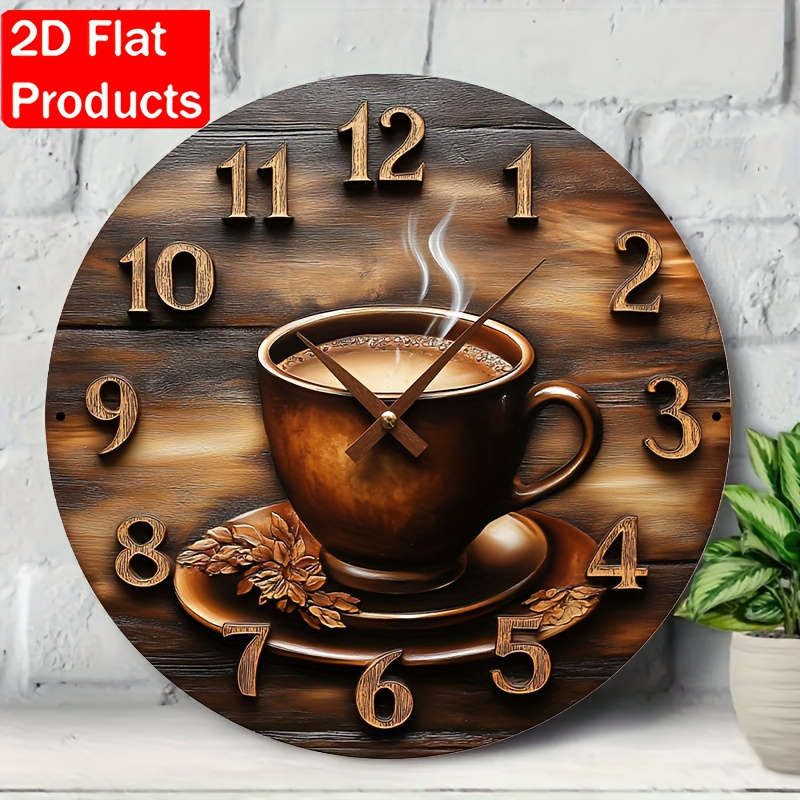 1pc 2D Flat Rustic Wooden Wall Clock with Coffee Cup Design Classic Vintage Style Not real clock