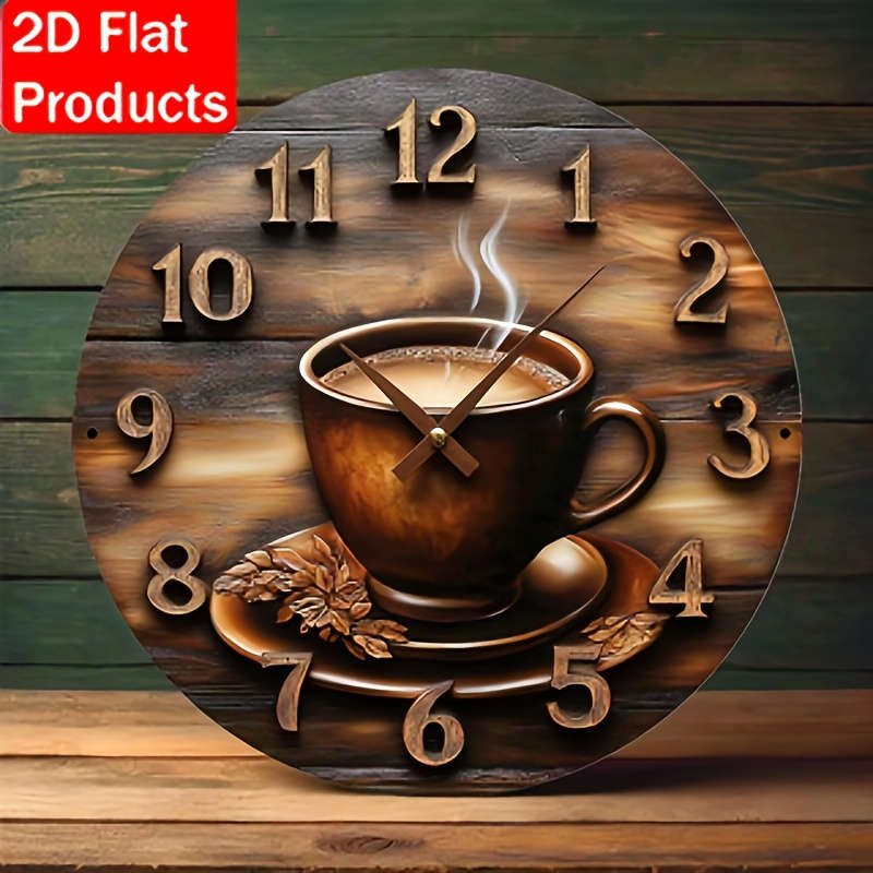 1pc 2D Flat Rustic Wooden Wall Clock with Coffee Cup Design Classic Vintage Style Not real clock