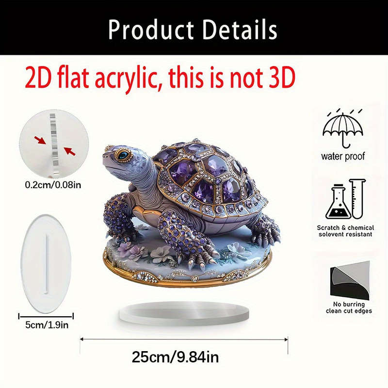 1pc 2D Flat  Boho Style  Acrylic Turtle Decor with Gemstone Purple and Golden Accents Versatile