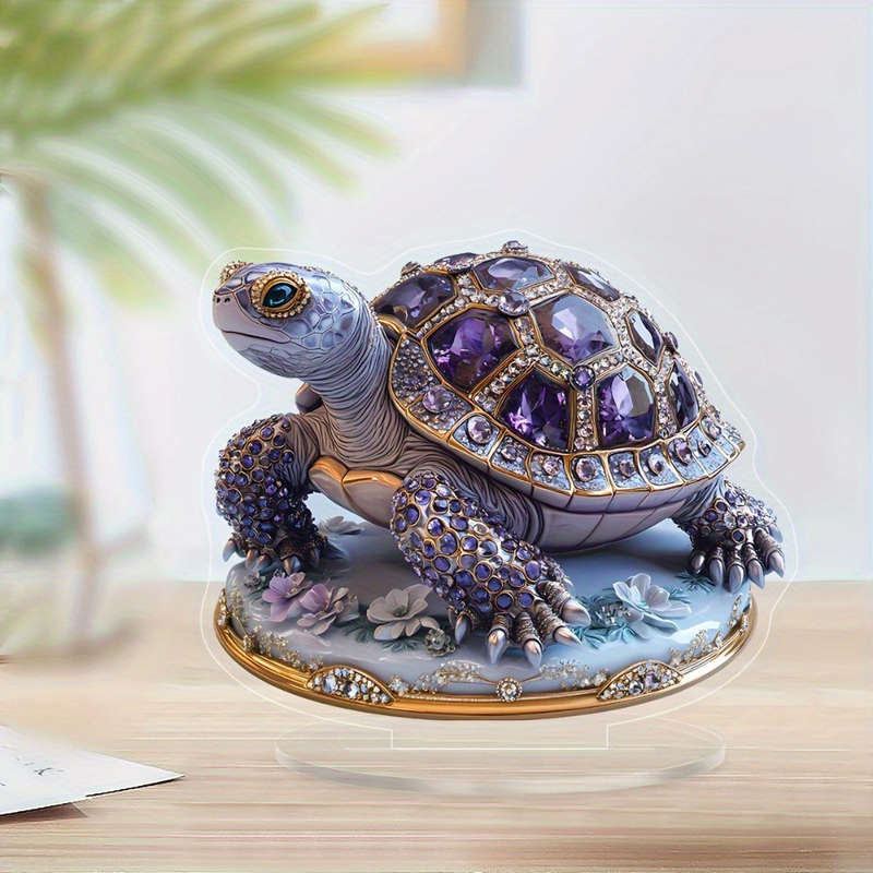 1pc 2D Flat  Boho Style  Acrylic Turtle Decor with Gemstone Purple and Golden Accents Versatile