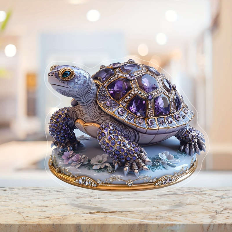 1pc 2D Flat  Boho Style  Acrylic Turtle Decor with Gemstone Purple and Golden Accents Versatile