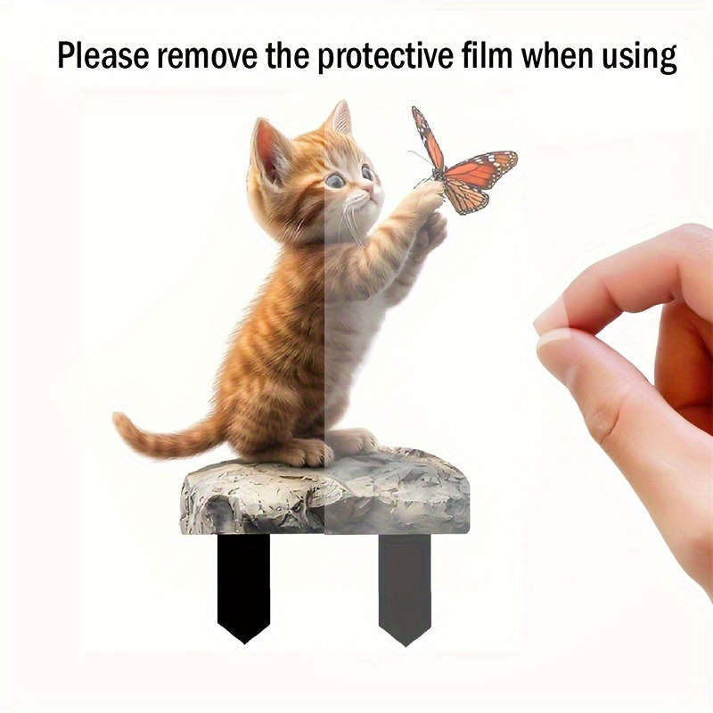 1pc 2D Flat  One Piece WhimsyGarden Acrylic Kitten and Butterfly Garden Stake Plug Waterproof
