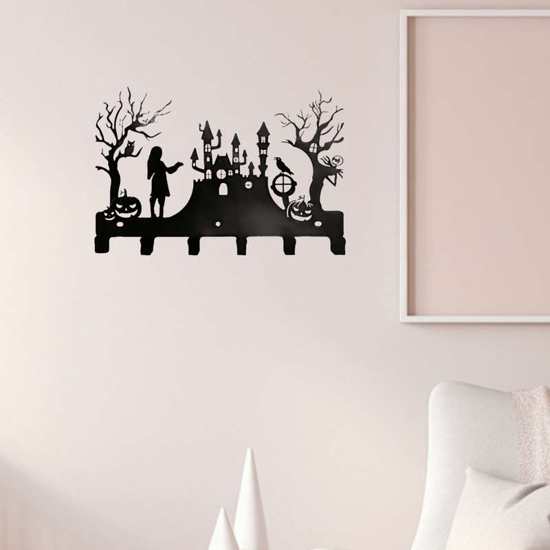 28.96cm Black Metal Wall Hook with Halloween Silhouette DesignEasy-to-Install Key Holde