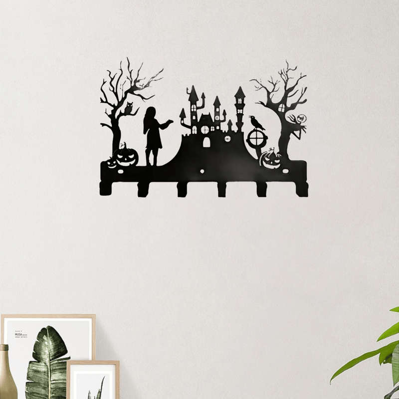 28.96cm Black Metal Wall Hook with Halloween Silhouette DesignEasy-to-Install Key Holde