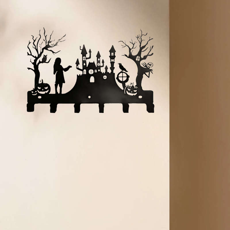 28.96cm Black Metal Wall Hook with Halloween Silhouette DesignEasy-to-Install Key Holde