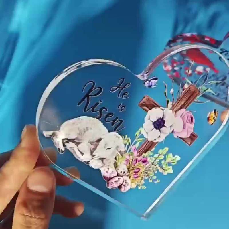 1pc 2D Flat  Heart-Shaped Acrylic Easter Decoration "He is Risen" Lamb and Cross Design with Flor