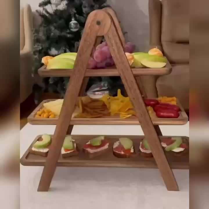 3-Tier Wooden Serving Tray Acacia Hardwood No Power Required Kitchen Organizer Buffet Displ